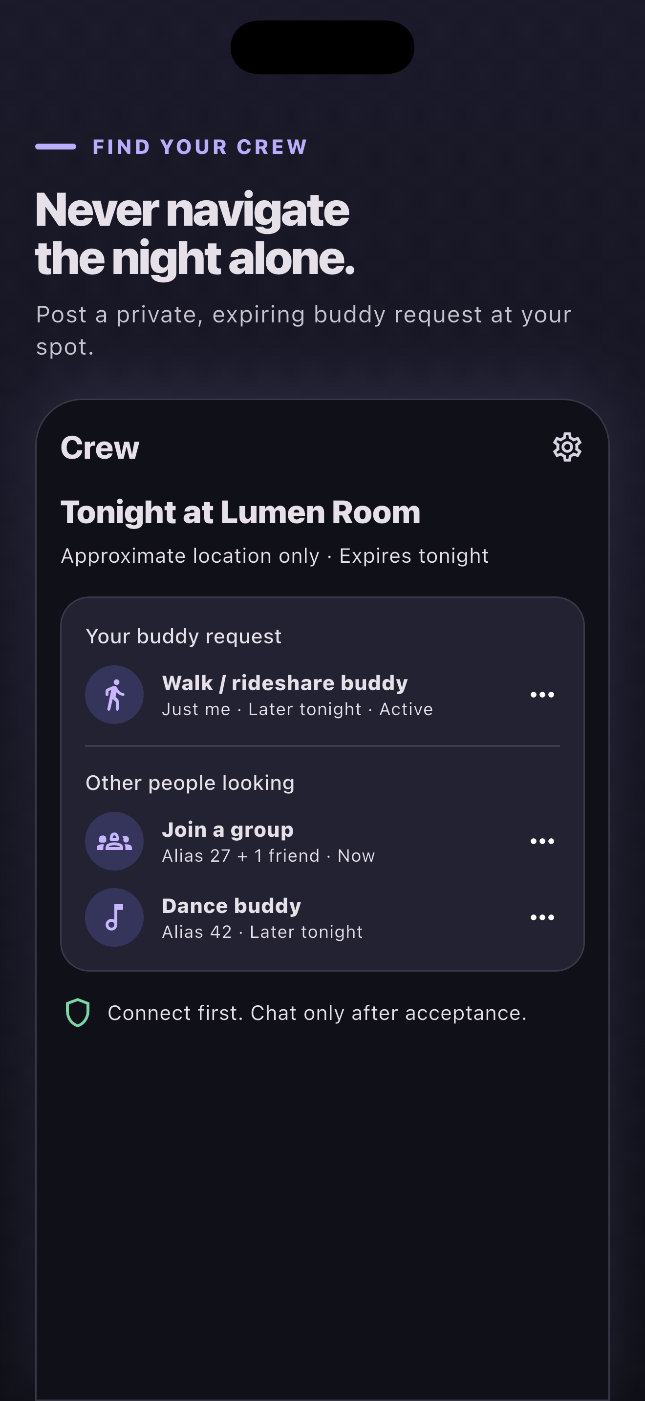 ClubOn Crew screen showing spot-based buddy requests