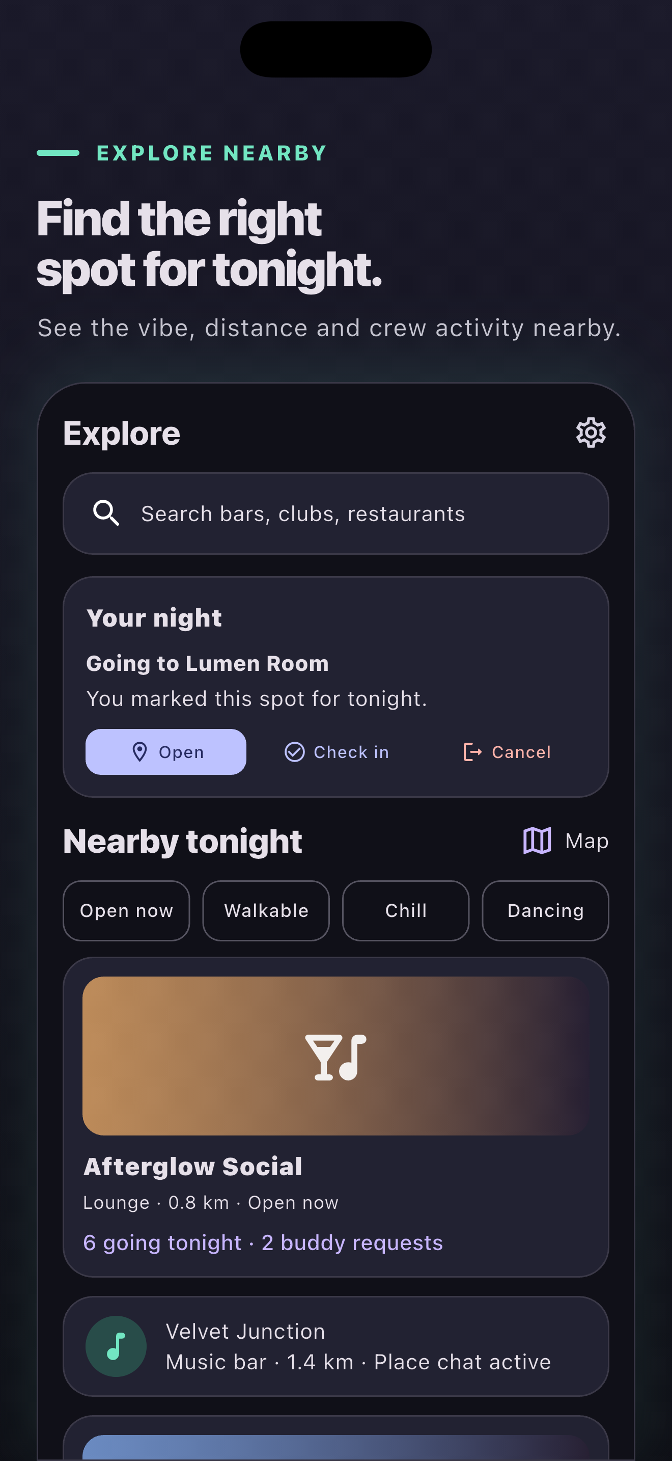 ClubOn Explore screen showing nearby nightlife spots