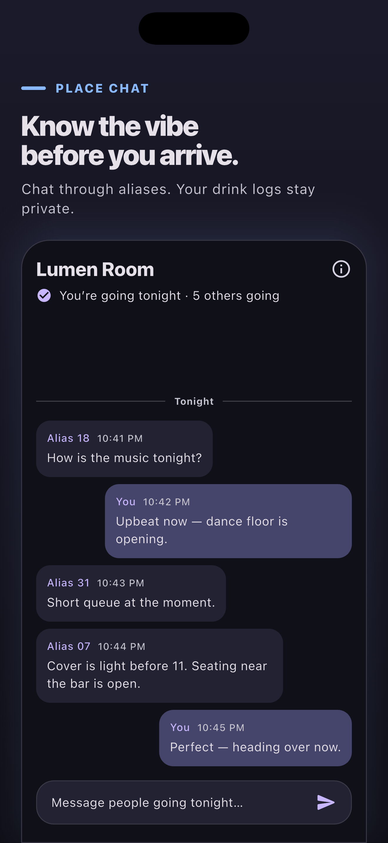 ClubOn Place Chat screen with alias-first messages for people going tonight